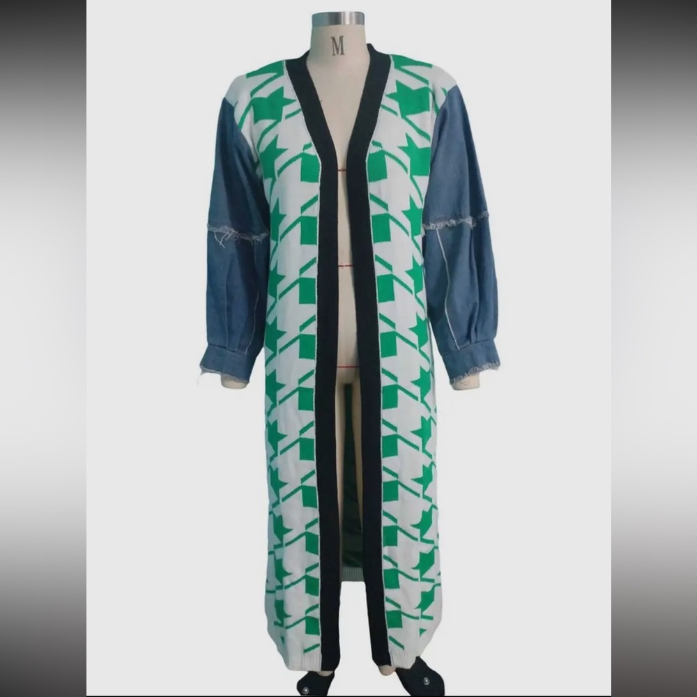 1094. Houndstooth Denim Patchwork Green and White Longline Cardigan - Picture 2 of 6